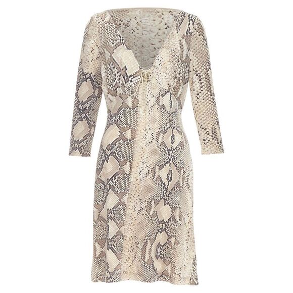 ROBERTO CAVALLI Vintage scaled leather print lace detail V neck dress IT42  M - coffeafoods.com